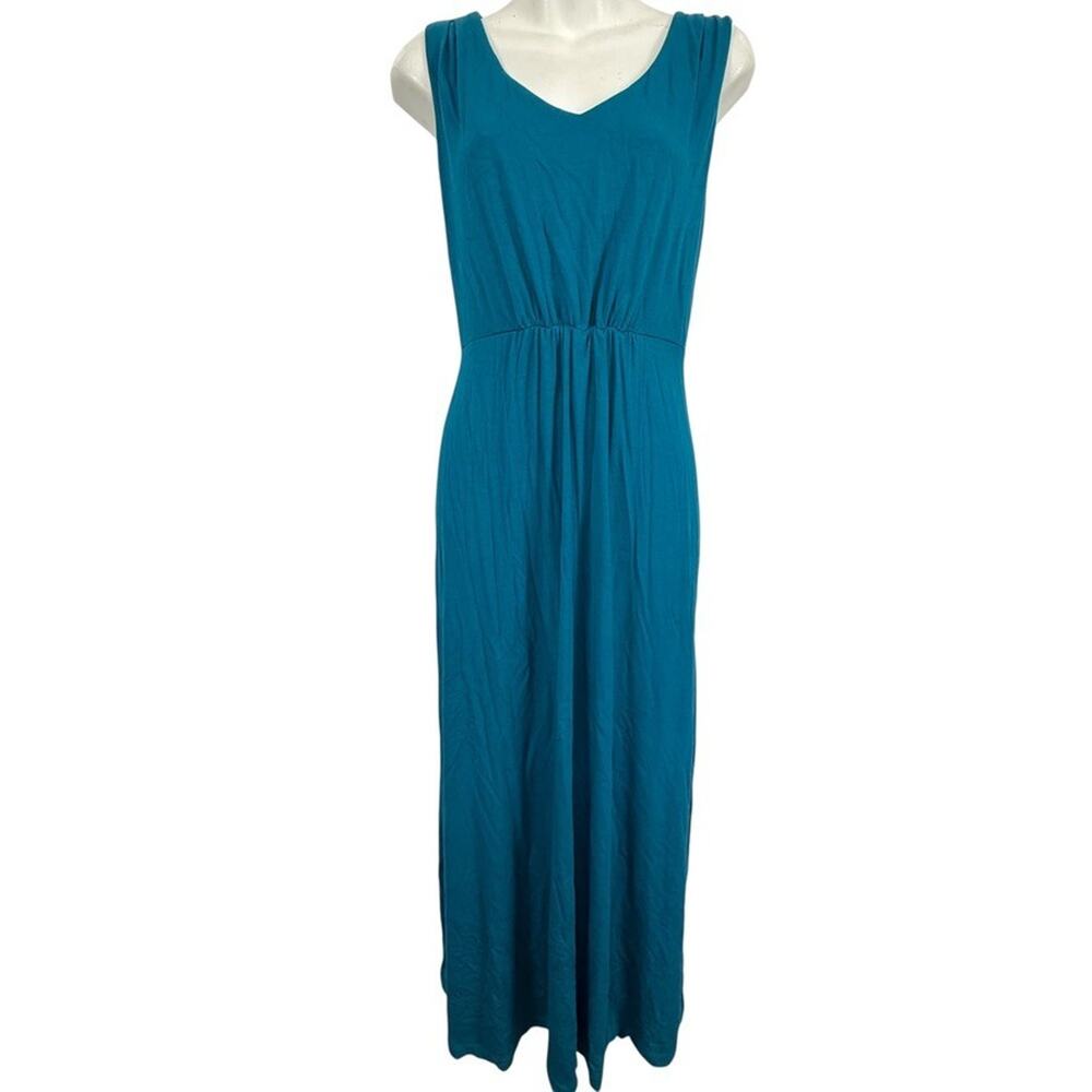Coldwater Creek Teal Blue Jersey Knit Sleeveless Maxi Dress V-Neck Stretch sz M